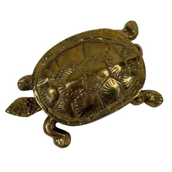 Solid Brass Turtle Trinket Jewelry Box Ashtray Hinged Lid Antique Vintage MCM - Picture 1 of 11